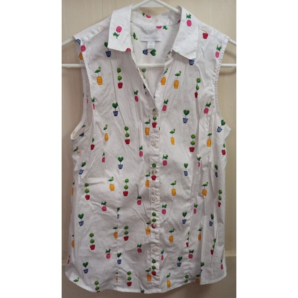 Women's Charter Club White Cotton Petites Casual Tank Top With Trees Size 10P